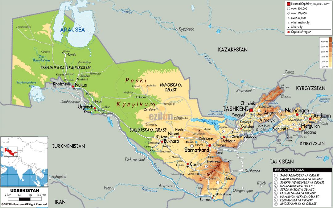 Large physical map of Uzbekistan with roads, cities and airports