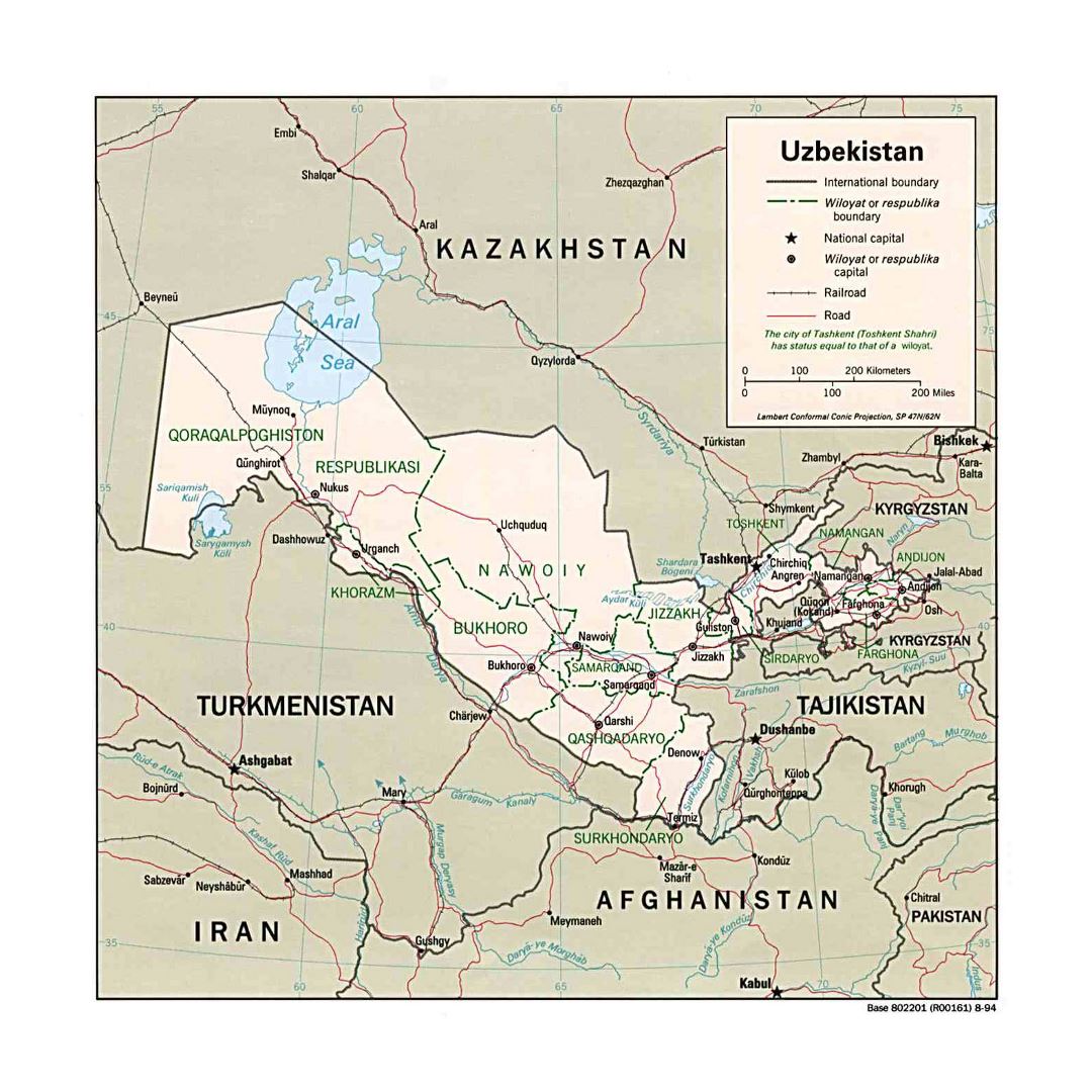 Large political and administrative map of Uzbekistan with roads, railroads and major cities - 1994