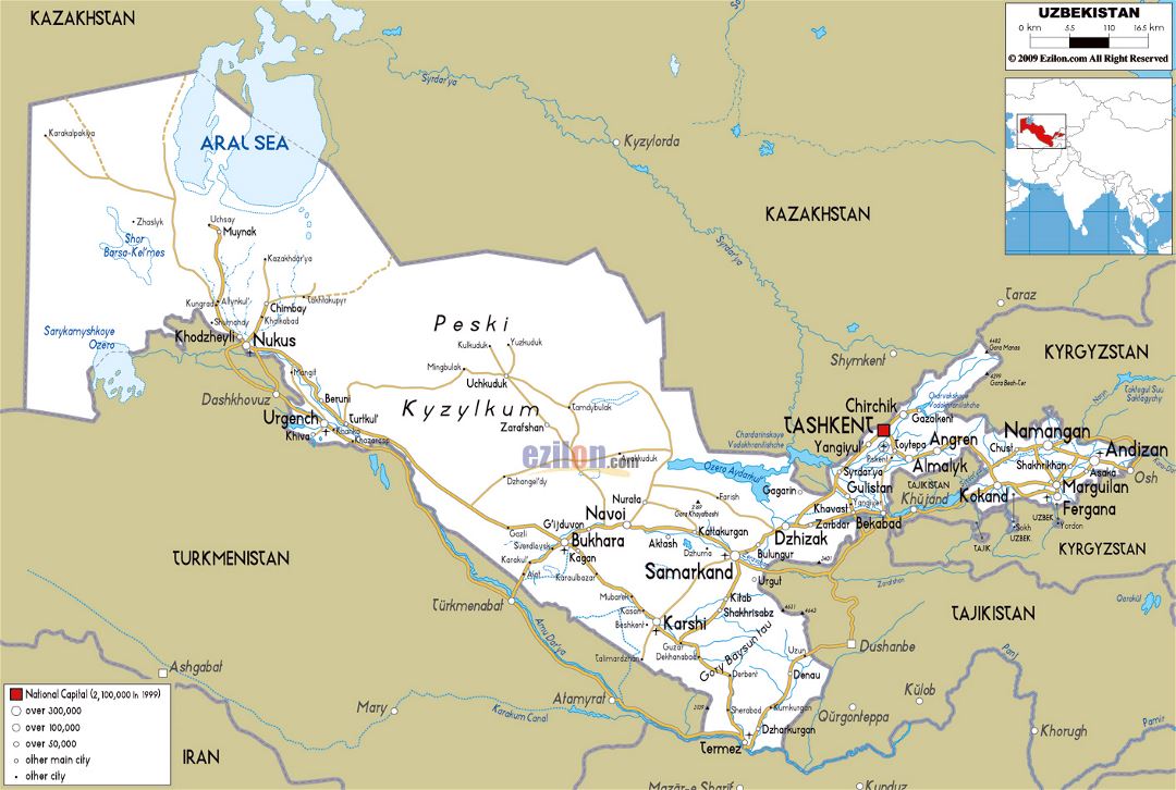 Large road map of Uzbekistan with cities and airports