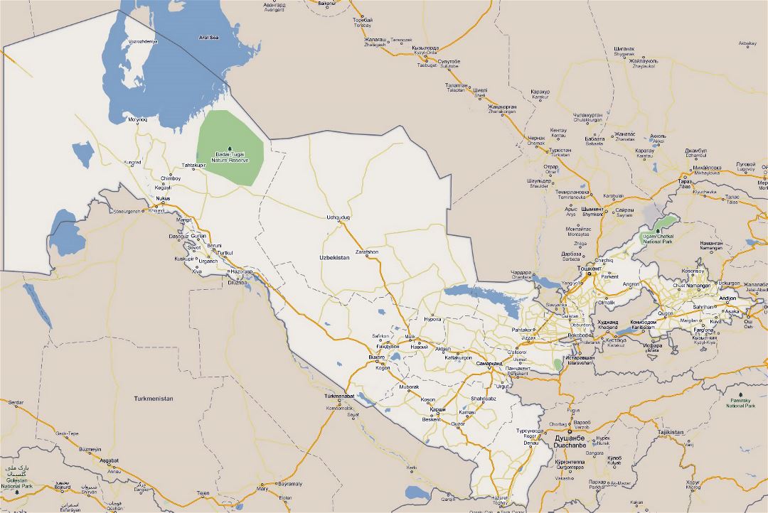 Large road map of Uzbekistan with national parks and cities