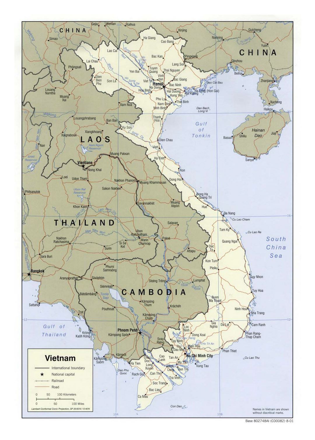 Detailed political map of Vietnam with roads, railroads and major cities - 2001