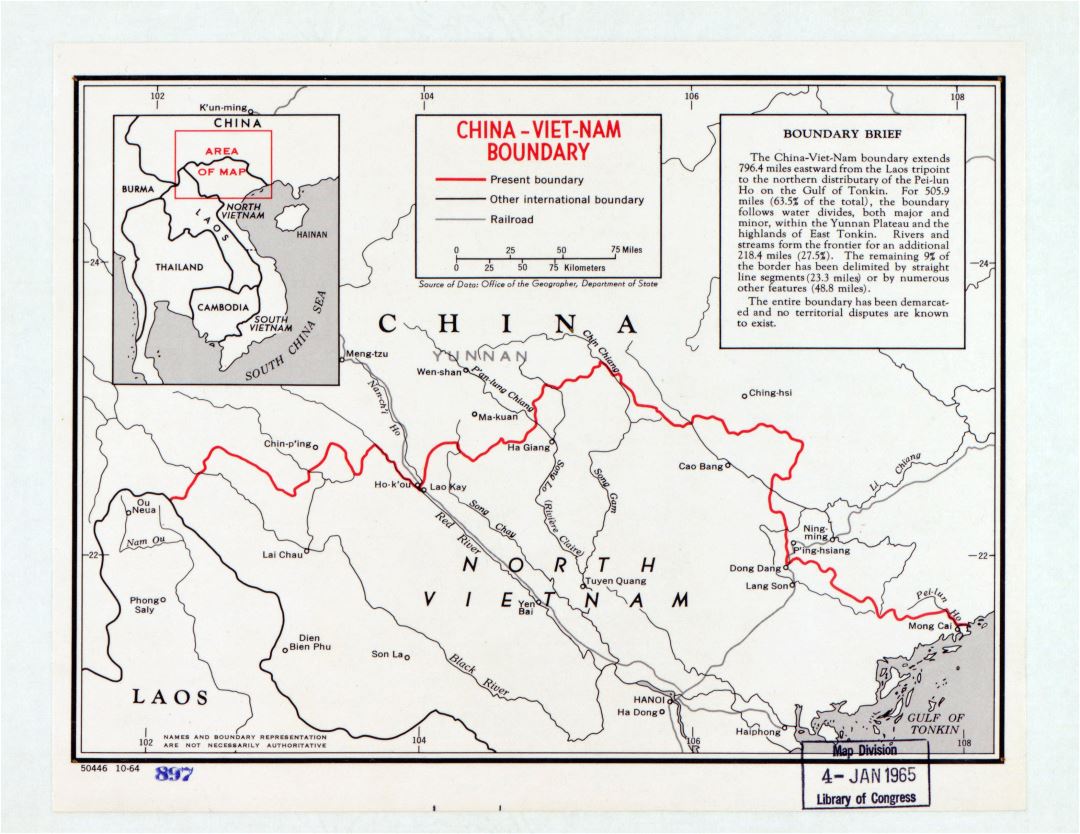 Large detailed China North Vietnam border area map 1964 Vietnam
