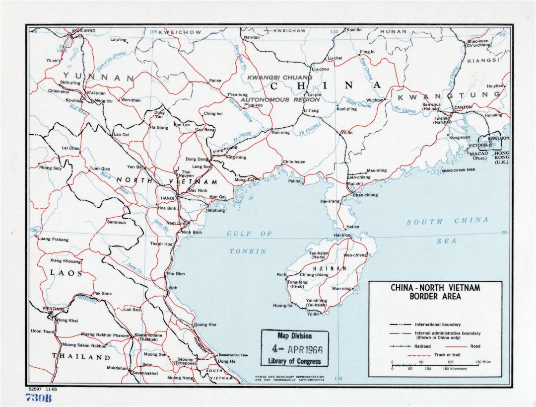 Large detailed China - Viet-Nam boundary map - 1965