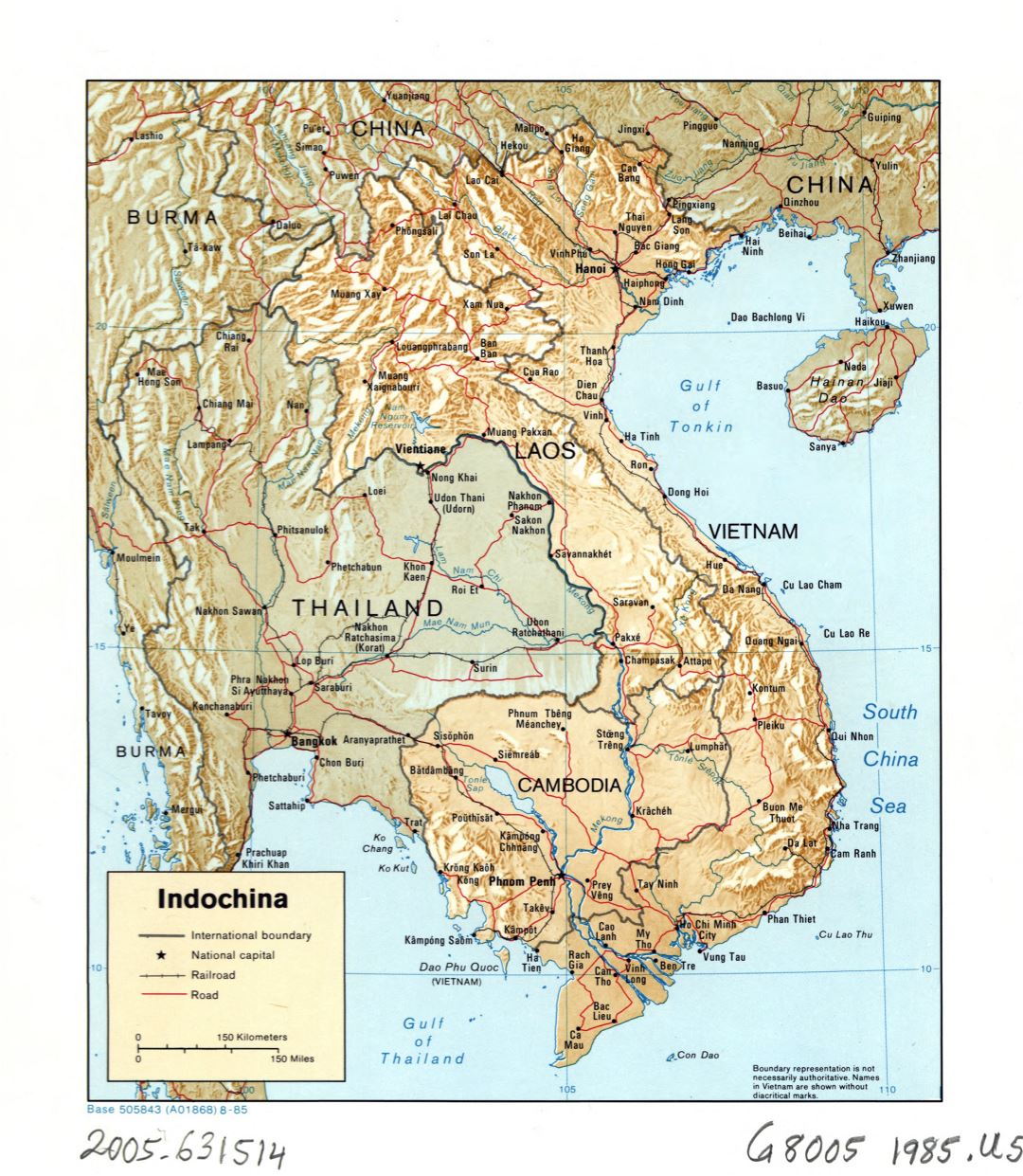 Large detailed political map of Indochina with relief, roads, railroads and major cities - 1985