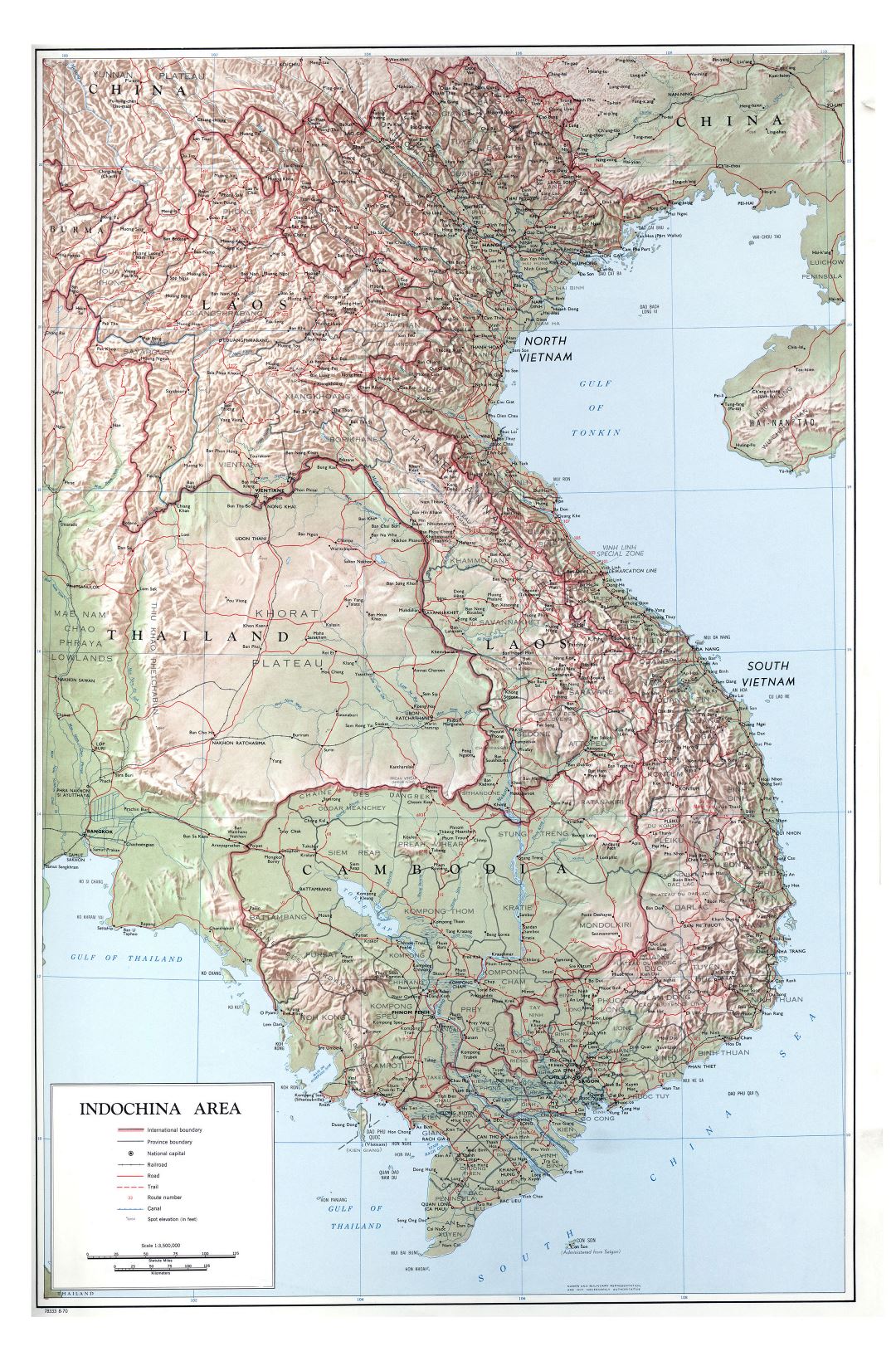 Large detailed political map of Indochina with relief, roads, railroads, cities and other marks - 1970