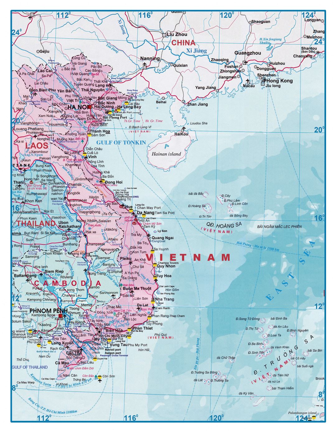 Large detailed tourist map of Vietnam and Laos