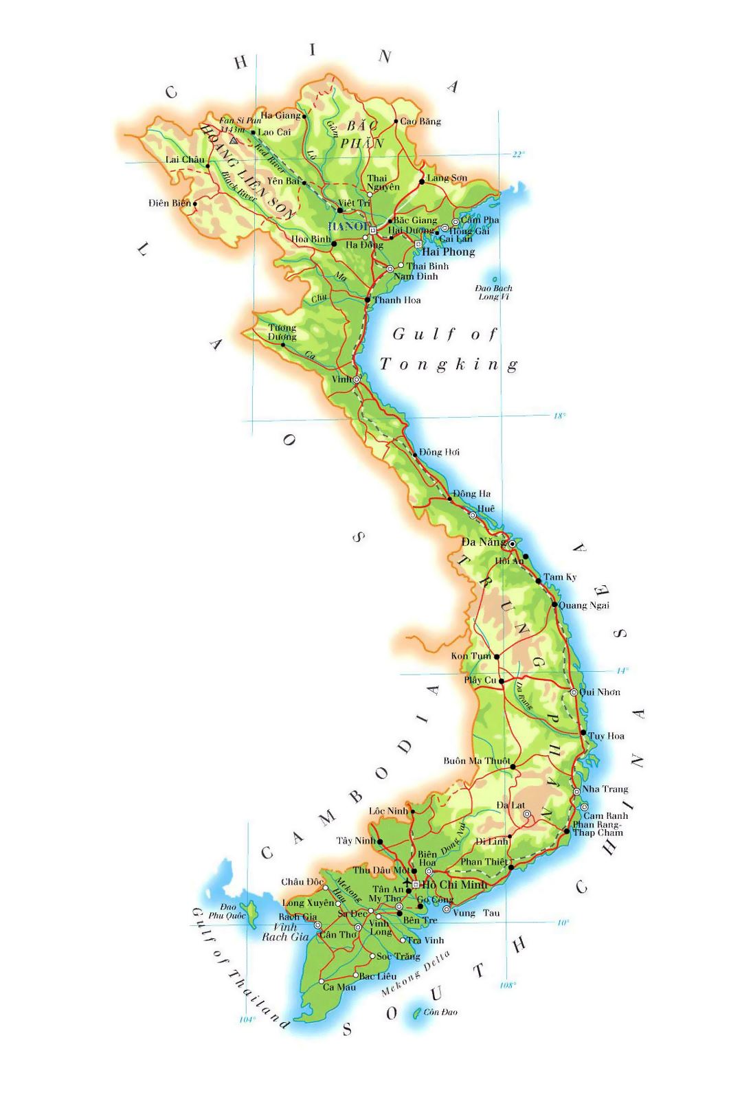 Large elevation map of Vietnam with roads, railroads, major cities and airports