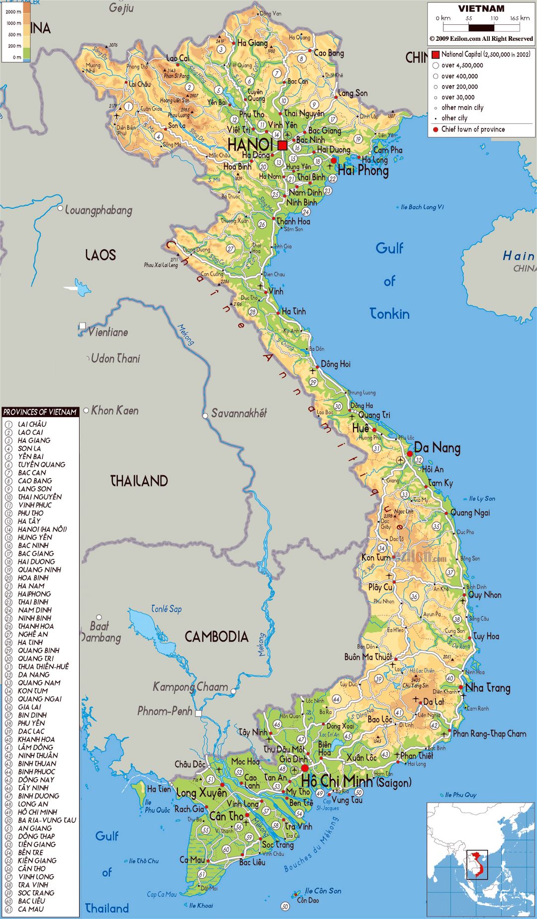 Large physical map of Vietnam with all roads, cities and airports