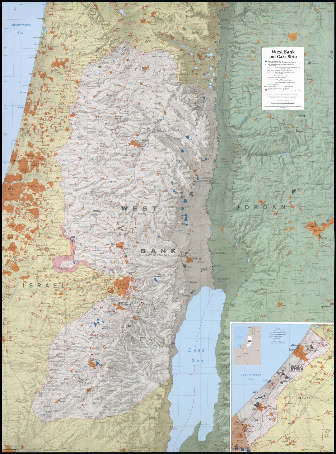 Large scale detailed map of West Bank and Gaza Strip with relief and other marks - 1979