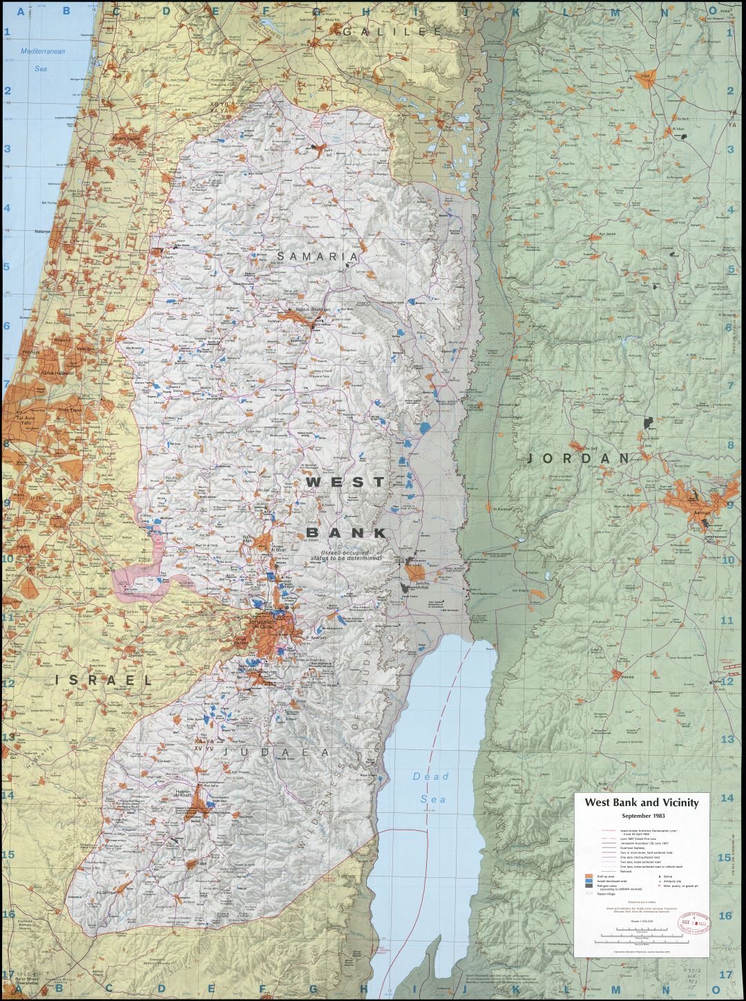 Large scale detailed map of West Bank and vicinity with relief and other marks - 1983