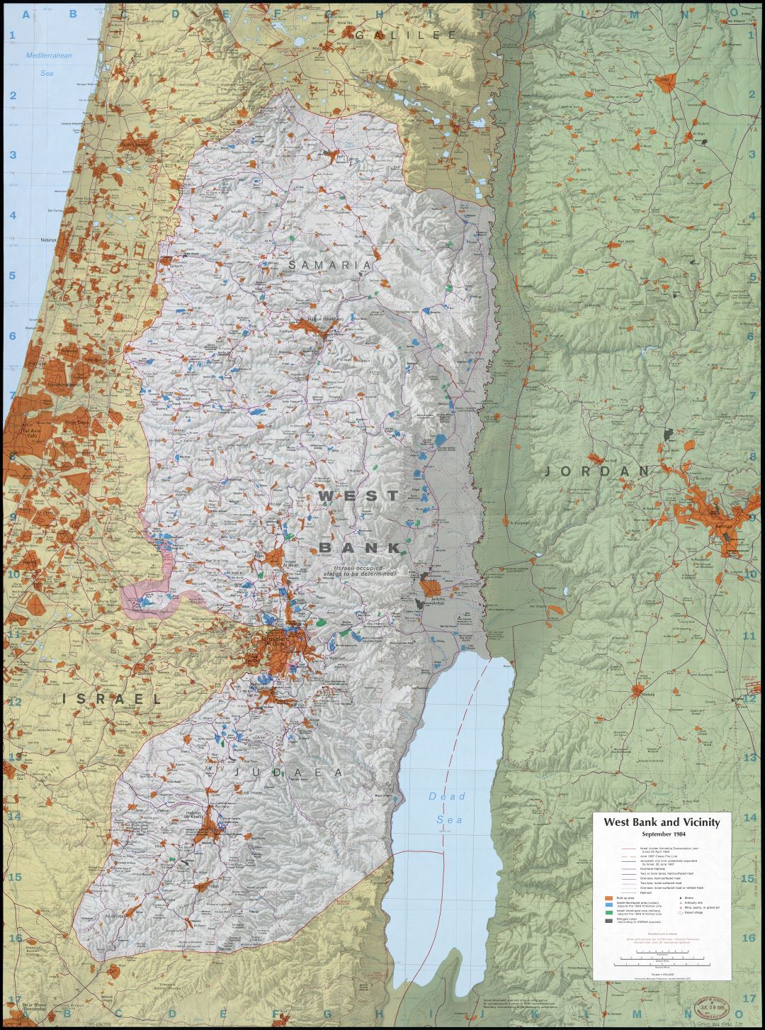 Large scale detailed map of West Bank and vicinity with relief and other marks - 1984