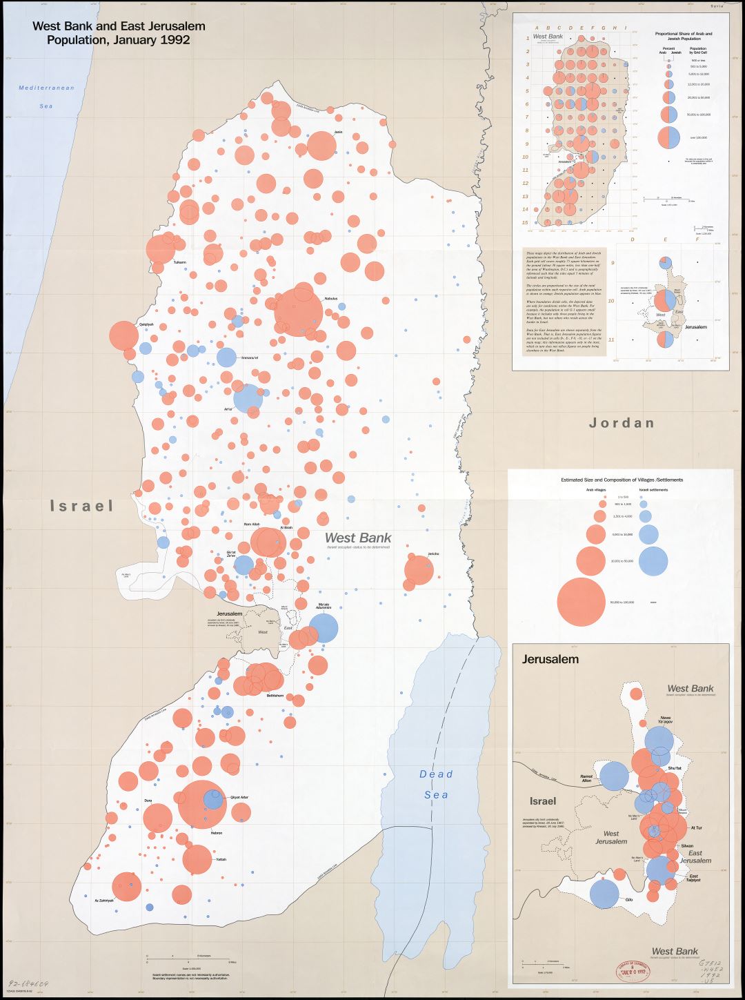 Large scale detailed West Bank and East Jerusalem population map - 1992