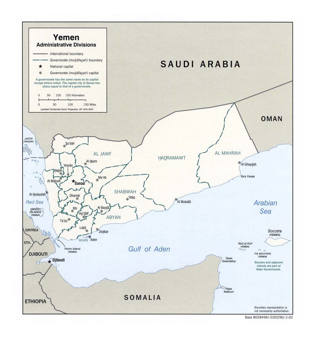 Detailed administrative divisions map of Yemen - 2002