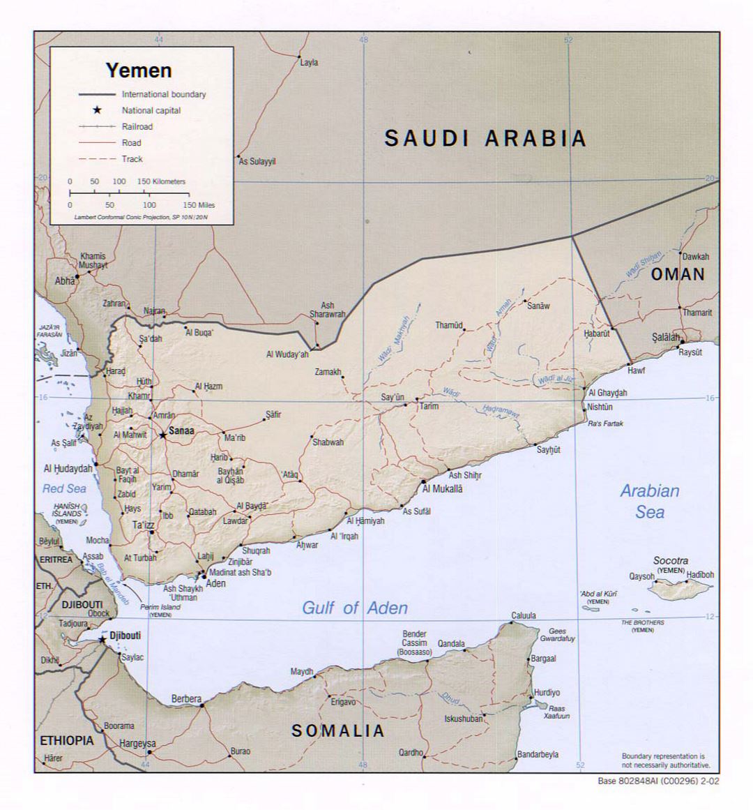 Detailed political map of Yemen with relief, roads, railroads and major cities - 2002