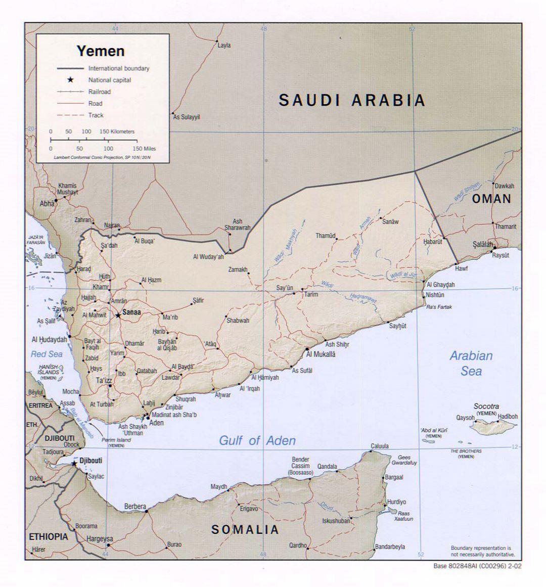 Detailed political map of Yemen with relief, roads, railroads and major cities - 2002