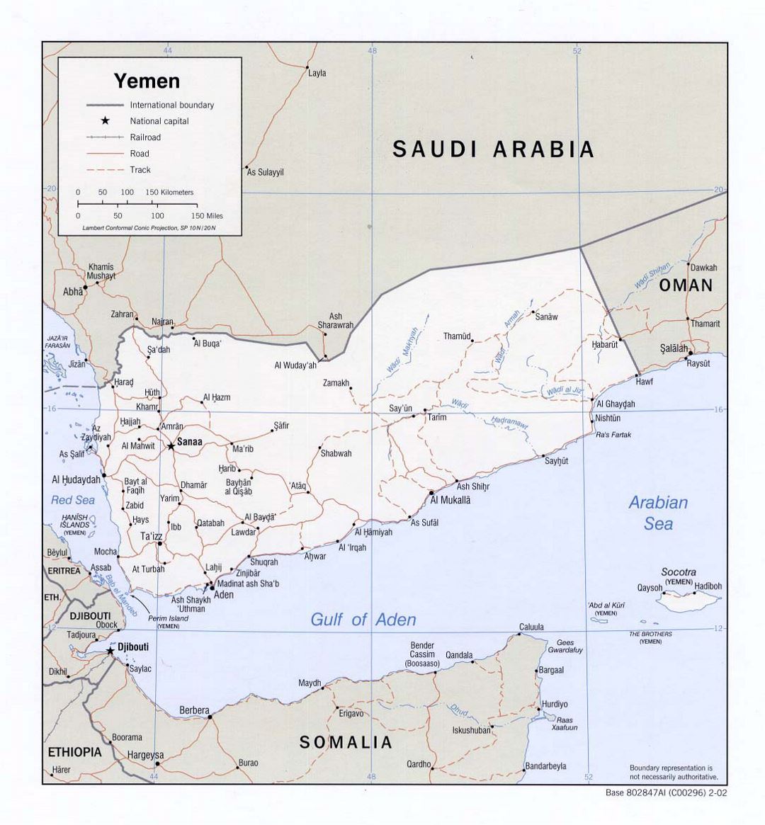 Detailed political map of Yemen with roads, railroads and major cities - 2002