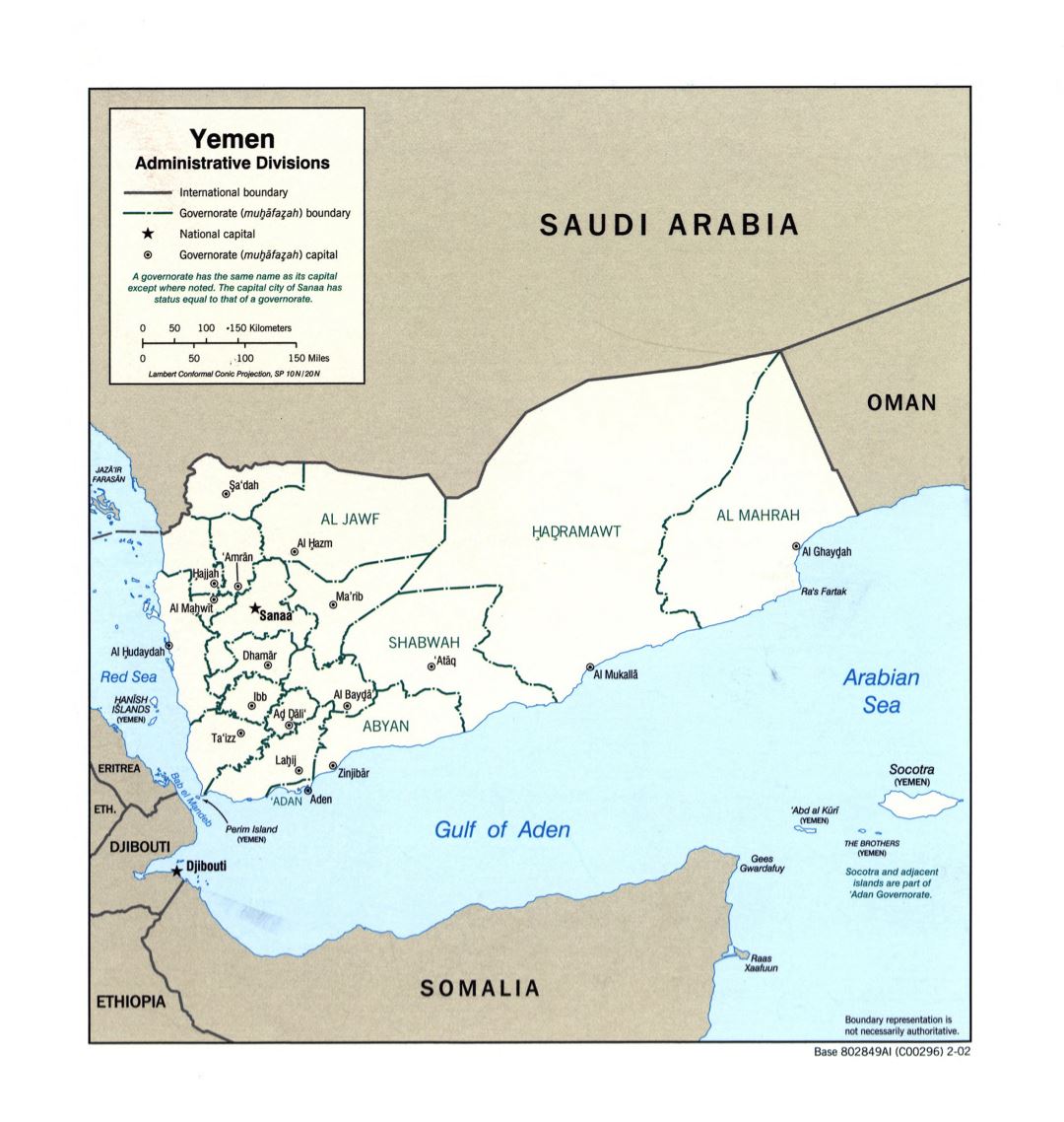 Large detailed administratrive divisions map of Yemen - 2002