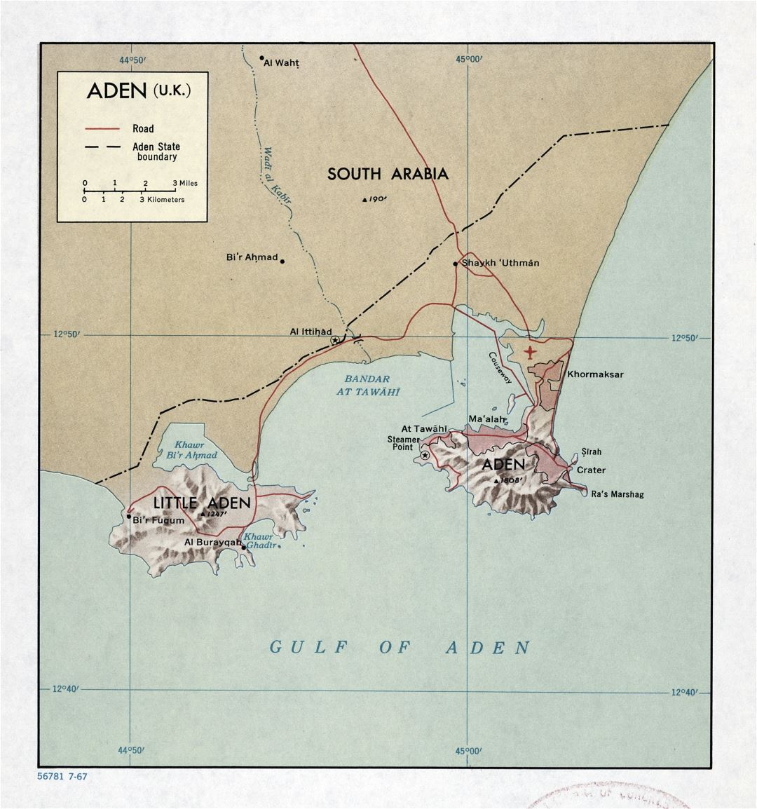 Large detailed map of Aden (U.K.) with relief and roads - 1967