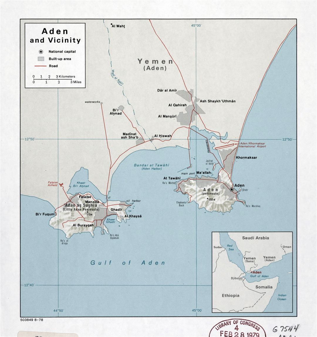 Large detailed map of Aden and vicinity with relief and roads - 1978