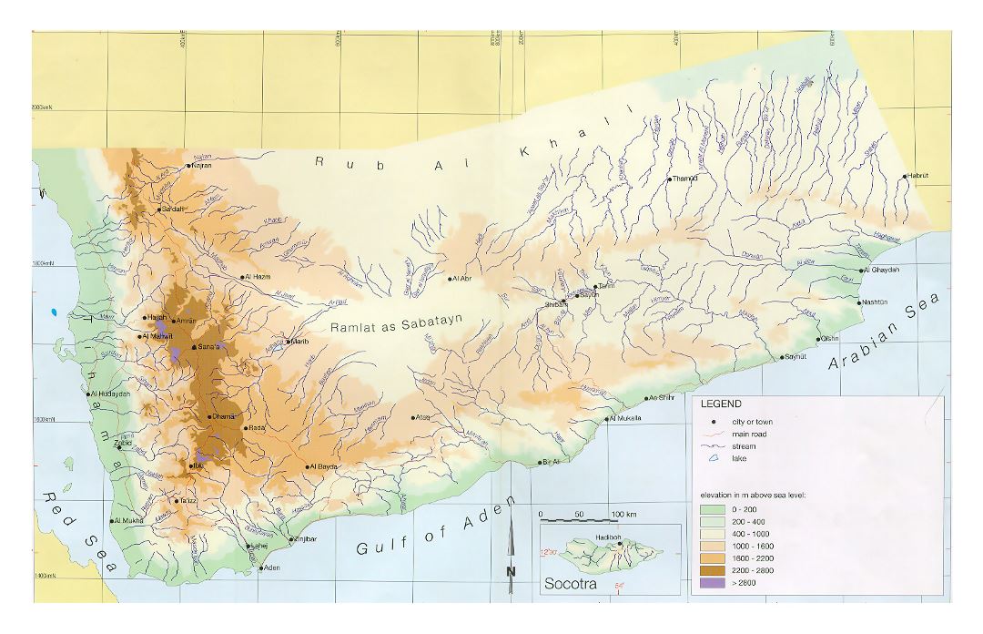 Large elevation map of Yemen with other marks