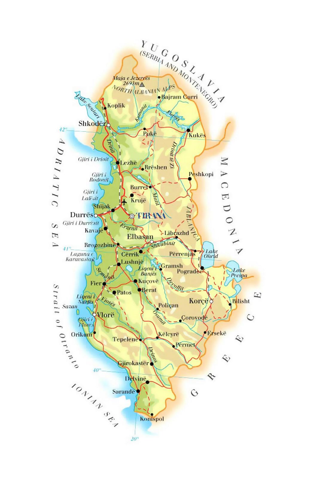 Detailed elevation map of Albania with roads, cities and airports