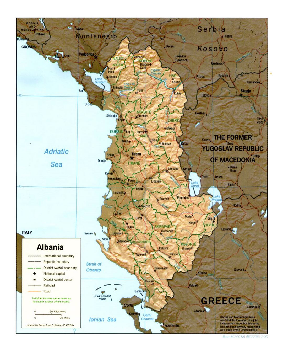 Detailed political and administrative map of Albania with relief - 2000