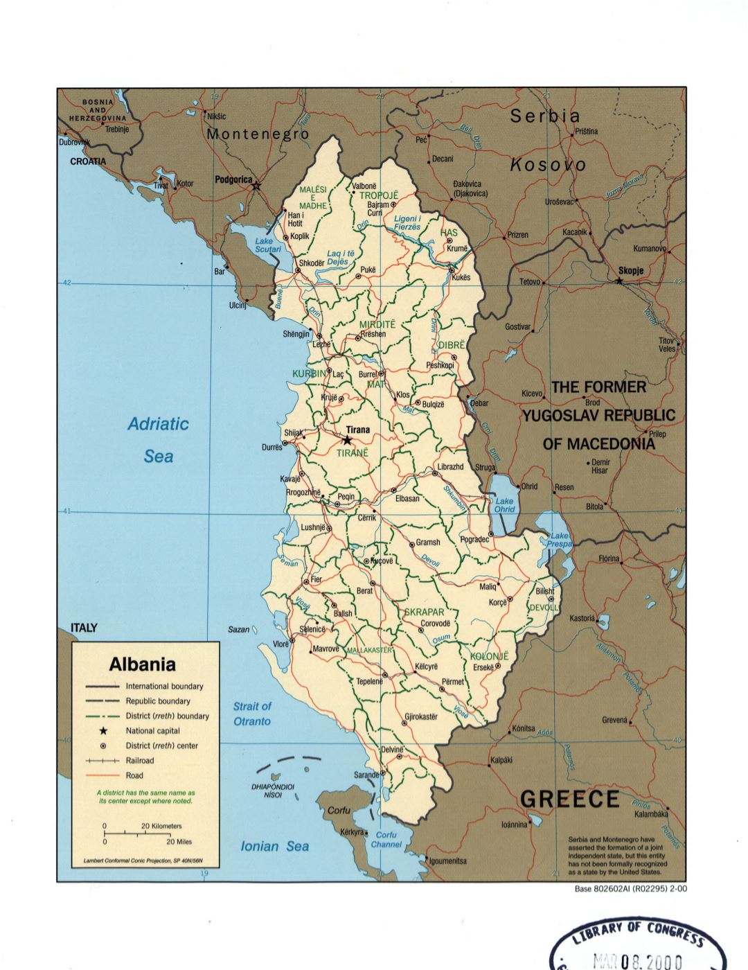 Large detail political and administrative map of Albania with marks of major cities, roads and railroads - 2000