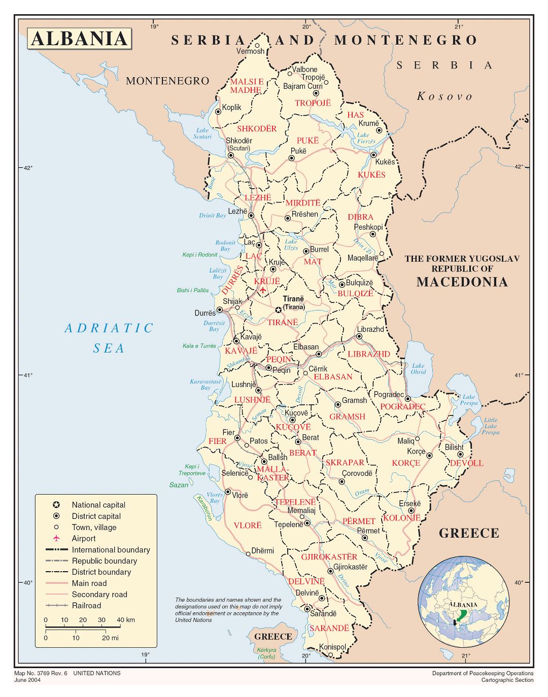 Large detailed political and administrative map of Albania with major roads, major cities and airports