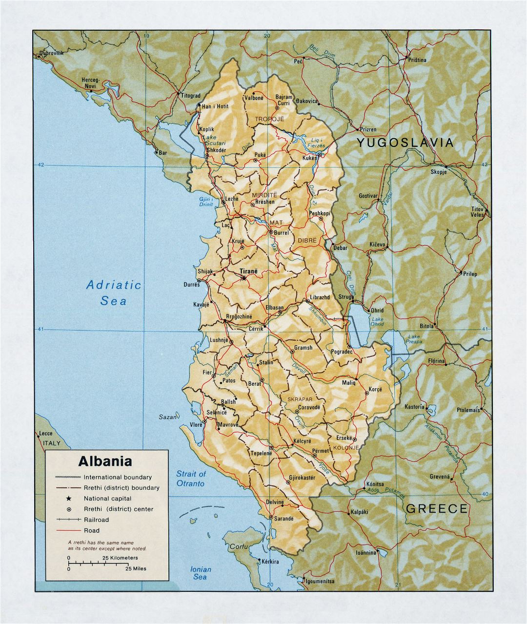 Large detailed political and administrative map of Albania with relief, roads and major cities