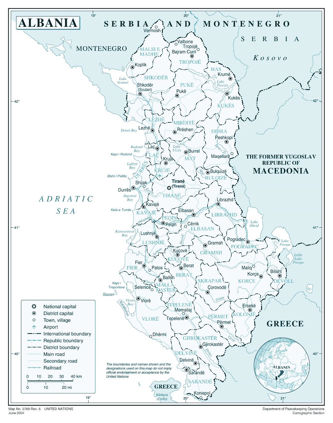 Large detailed political and administrative map of Albania with roads, major cities and airports