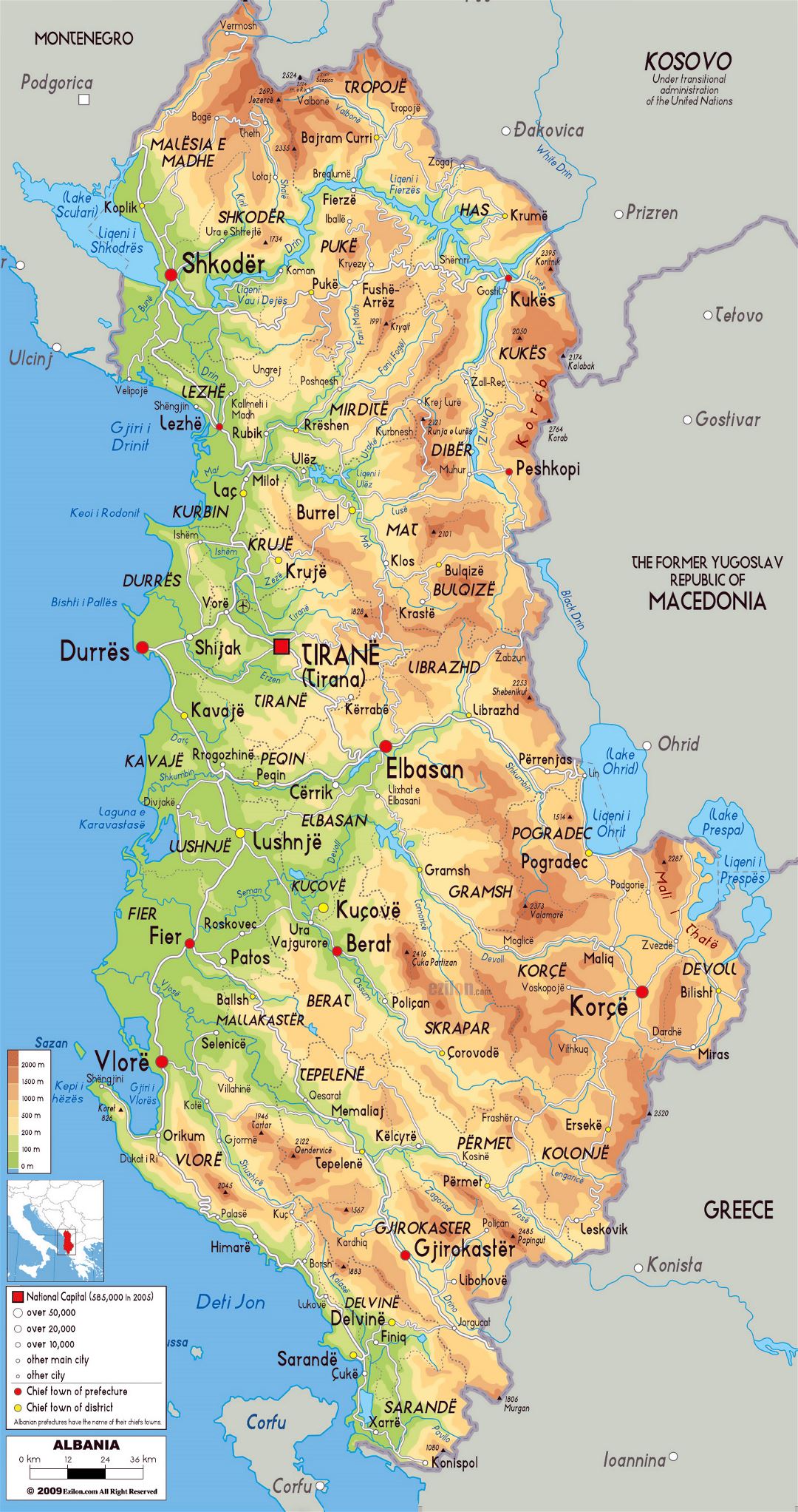 Large physical map of Albania with roads, cities and airports