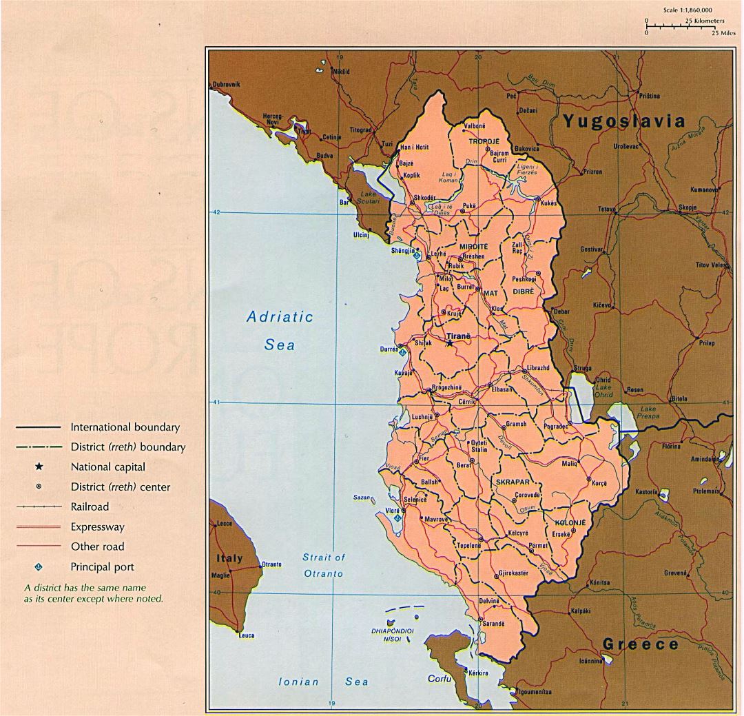 Large political and administrative map of Albania with roads and major cities
