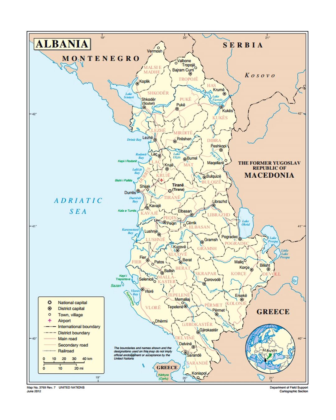 Political and administrative map of Albania with roads, major cities and airports