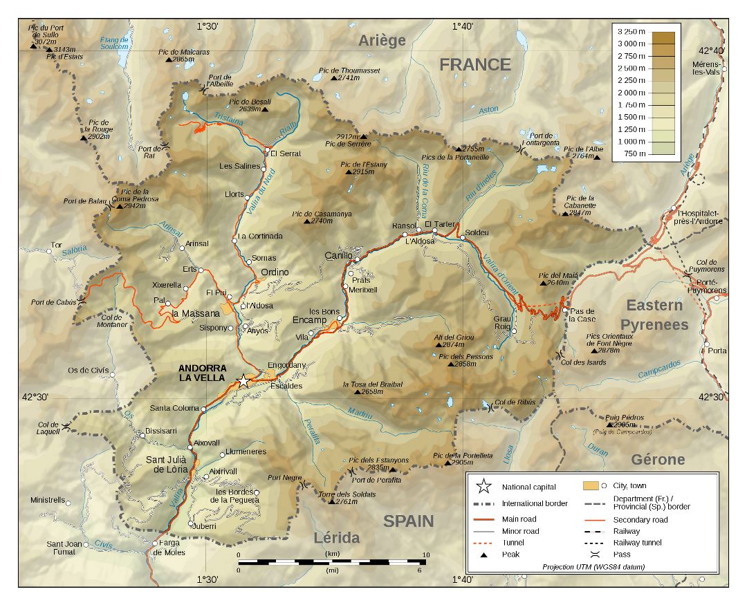 Large detailed physical map of Andorra