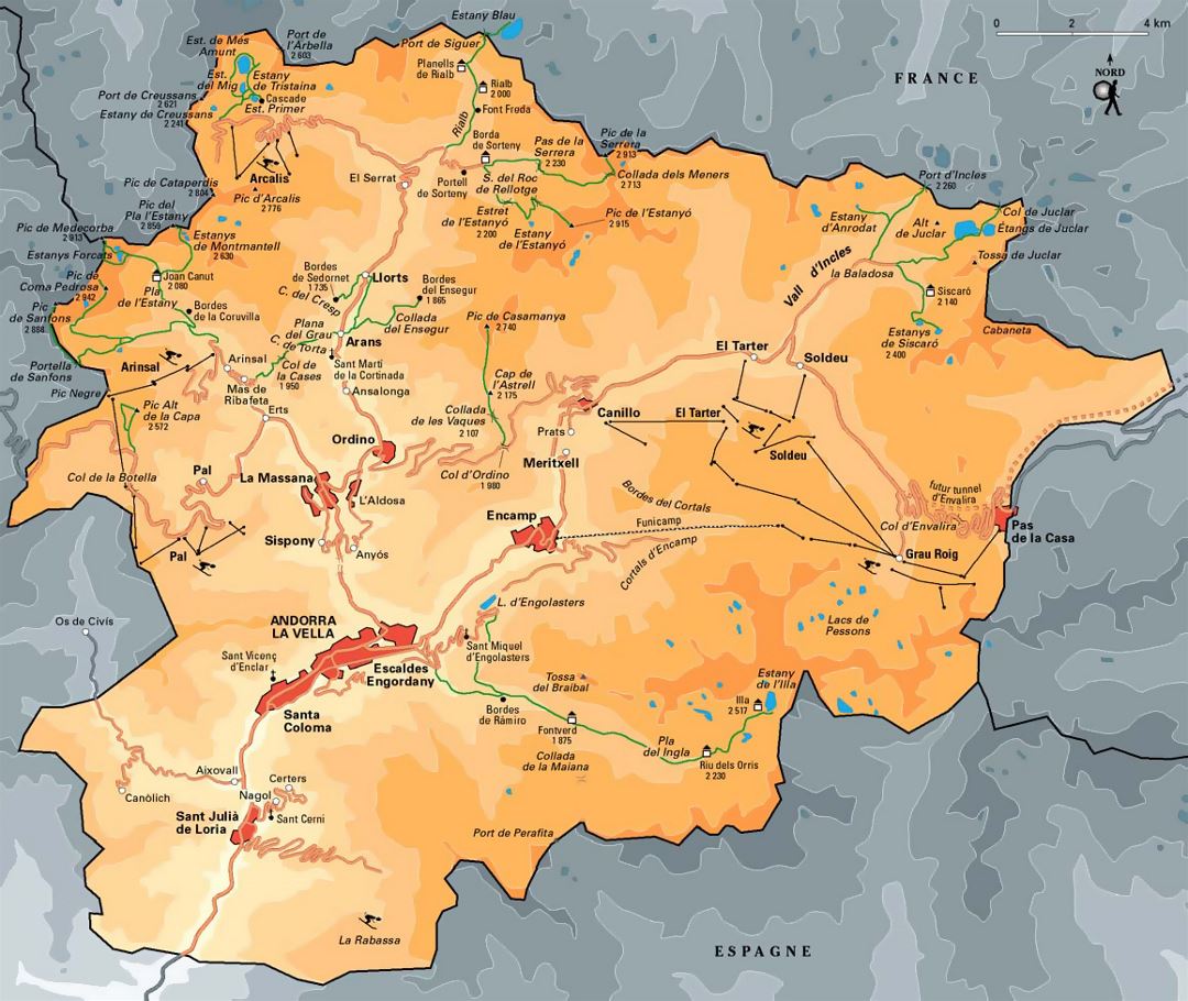 Large elevation map of Andorra with roads and all cities