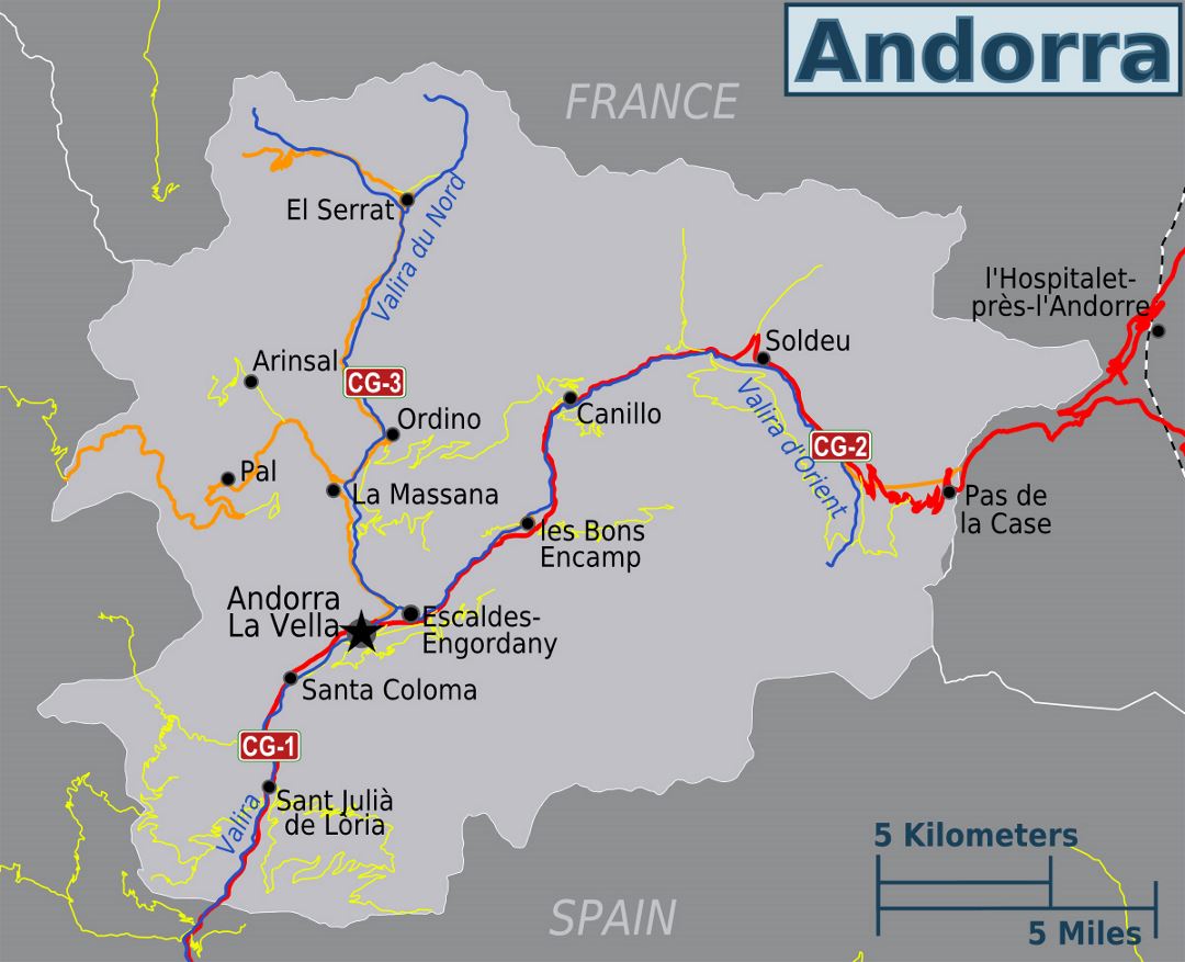 Large political map of Andorra with roads and all cities