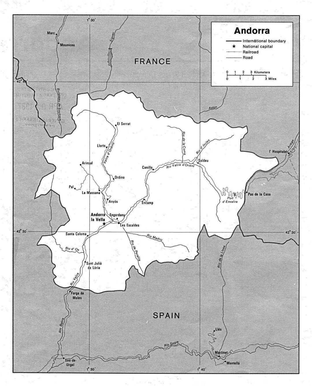 Large political map of Andorra with roads and cities