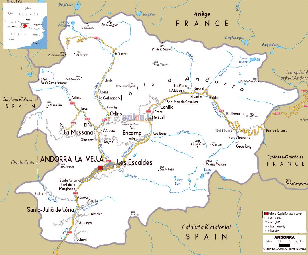 Large road map of Andorra with cities