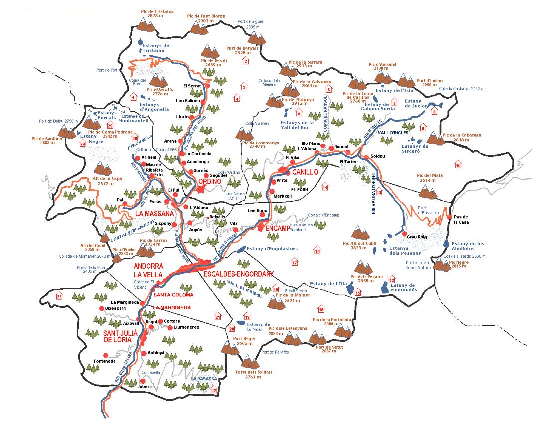 Large topographical map of Andorra