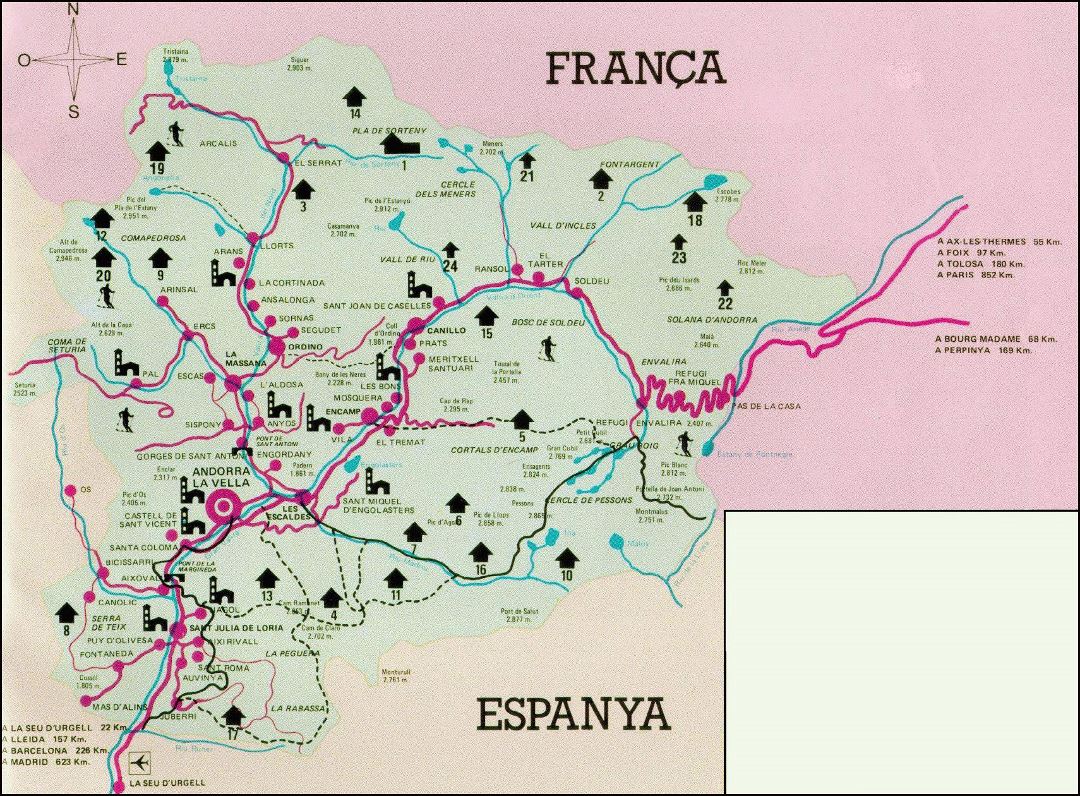 Large tourist map of Andorra with all cities and roads
