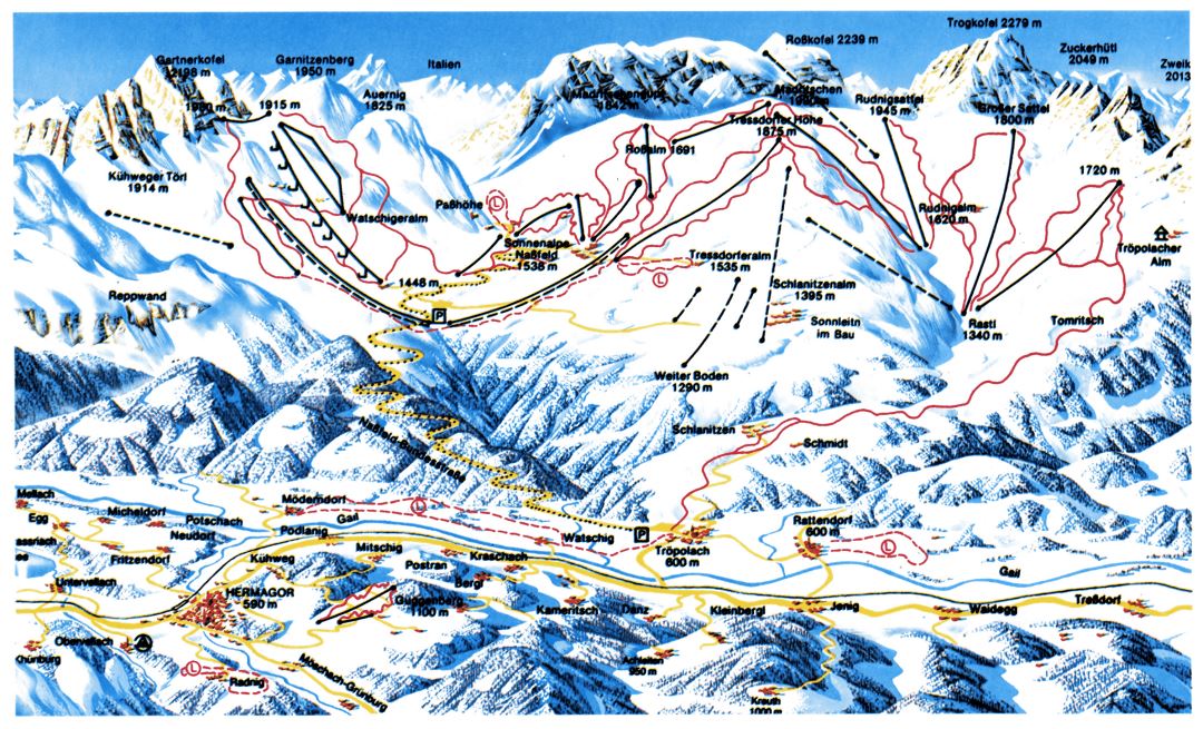 Detailed old piste map of Nassfeld - Hermagor Ski Resort - 1983