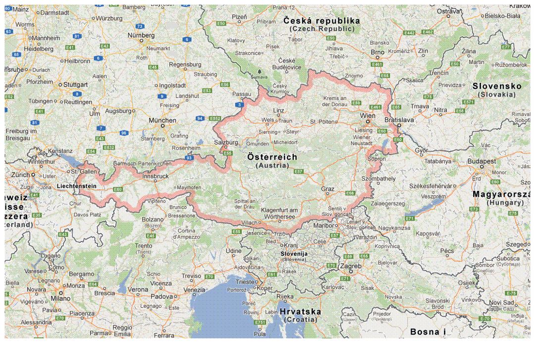 Detailed map of Austria and surrounding countries with borders