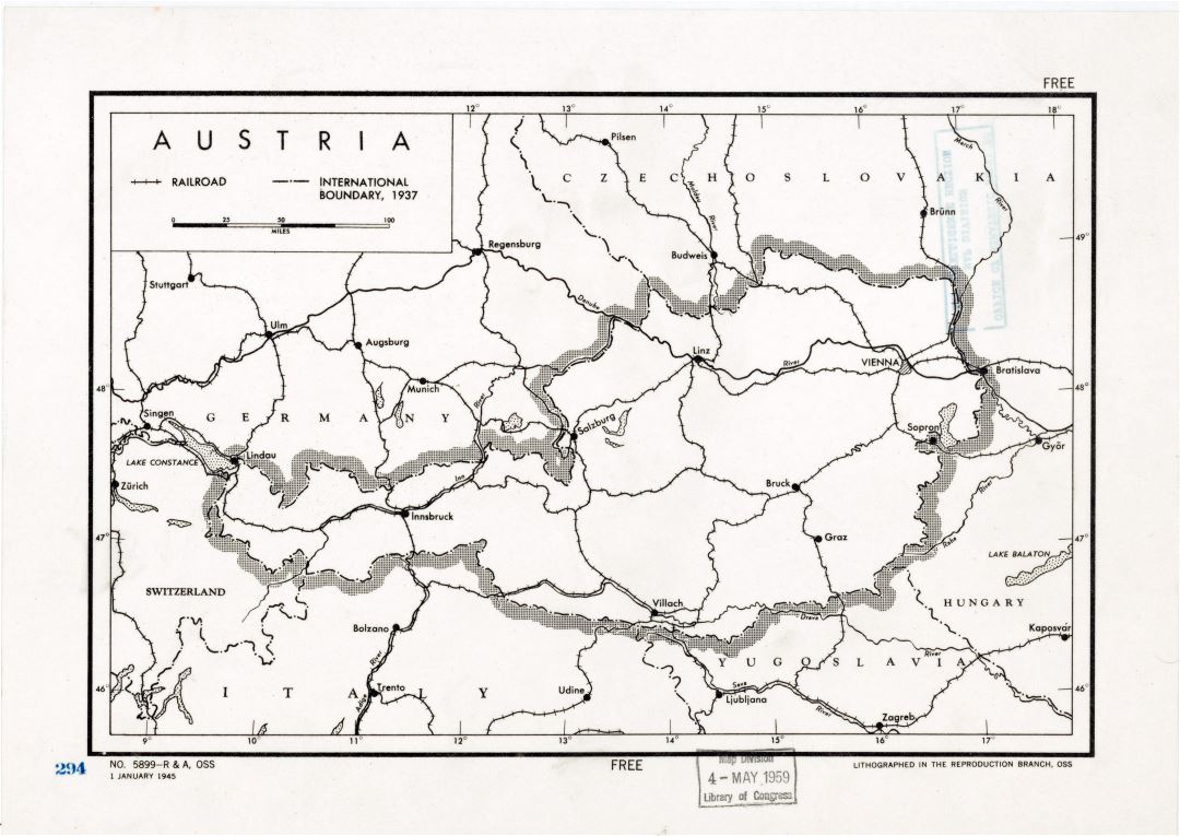 Large detailed map of Austria with major cities, major roads and railroads - 1945