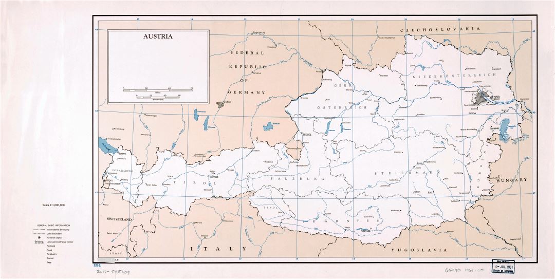 Large detailed political and administrative map of Austria with major cities - 1961