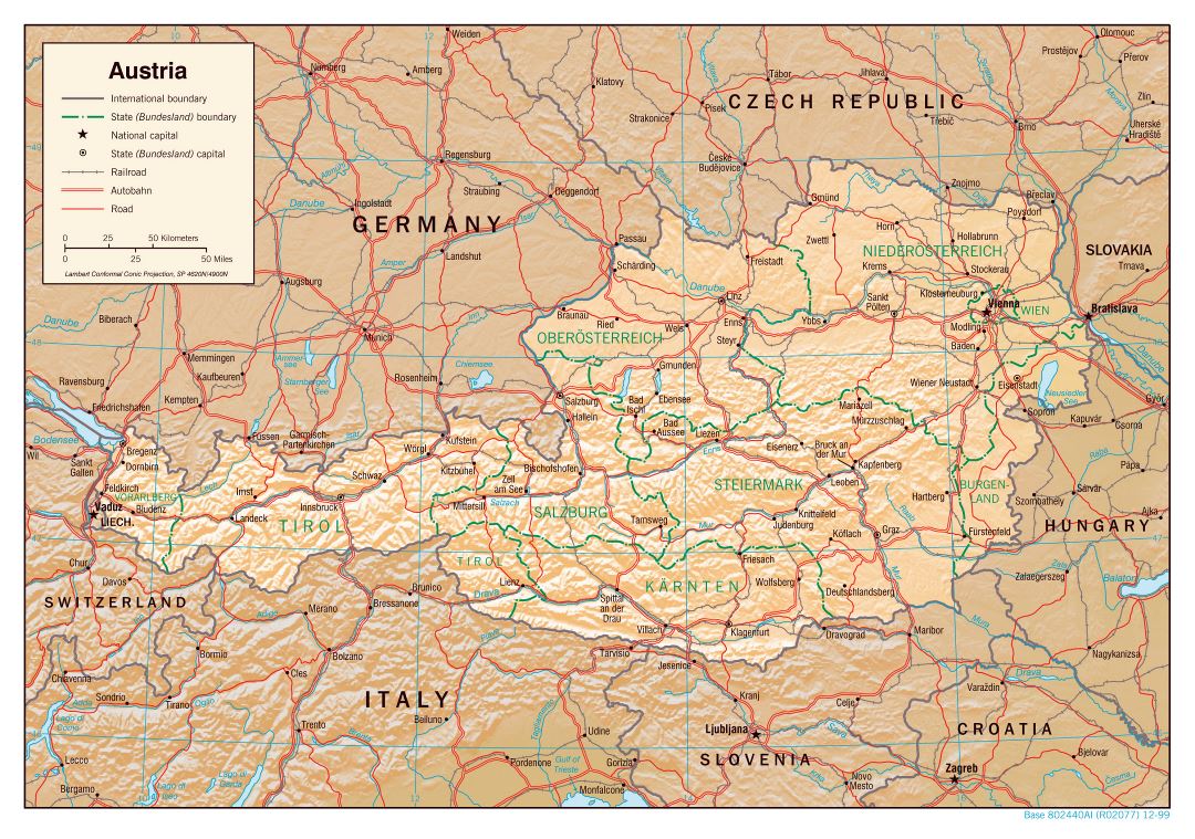 Large detailed political and administrative map of Austria with relief - 1999