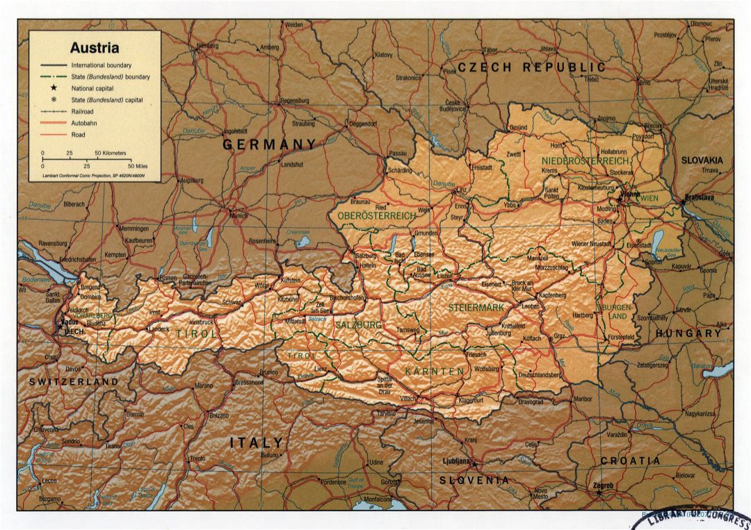 Large detailed political and administrative map of Austria with relief, roads, railroads and major cities - 1999
