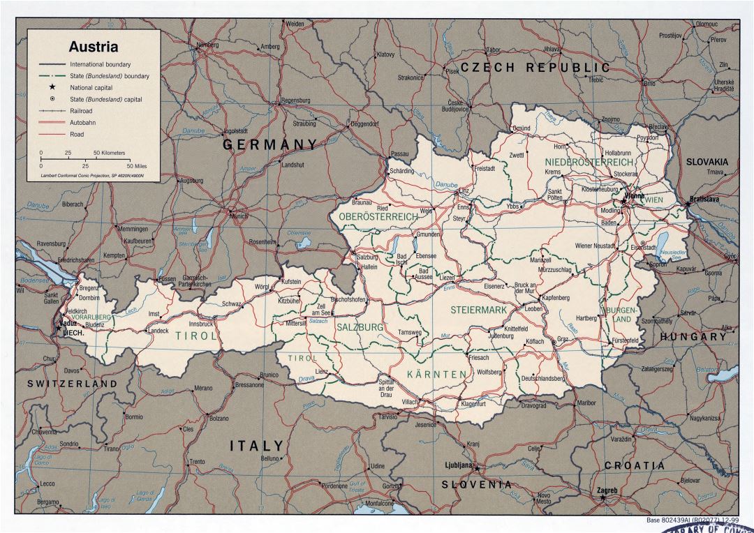 Large detailed political and administrative map of Austria with roads, railroads and major cities - 1999