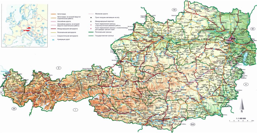 Large detailed road map of Austria with relief