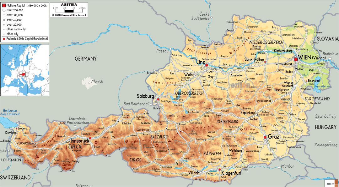 Large physical map of Austria with roads, cities and airports