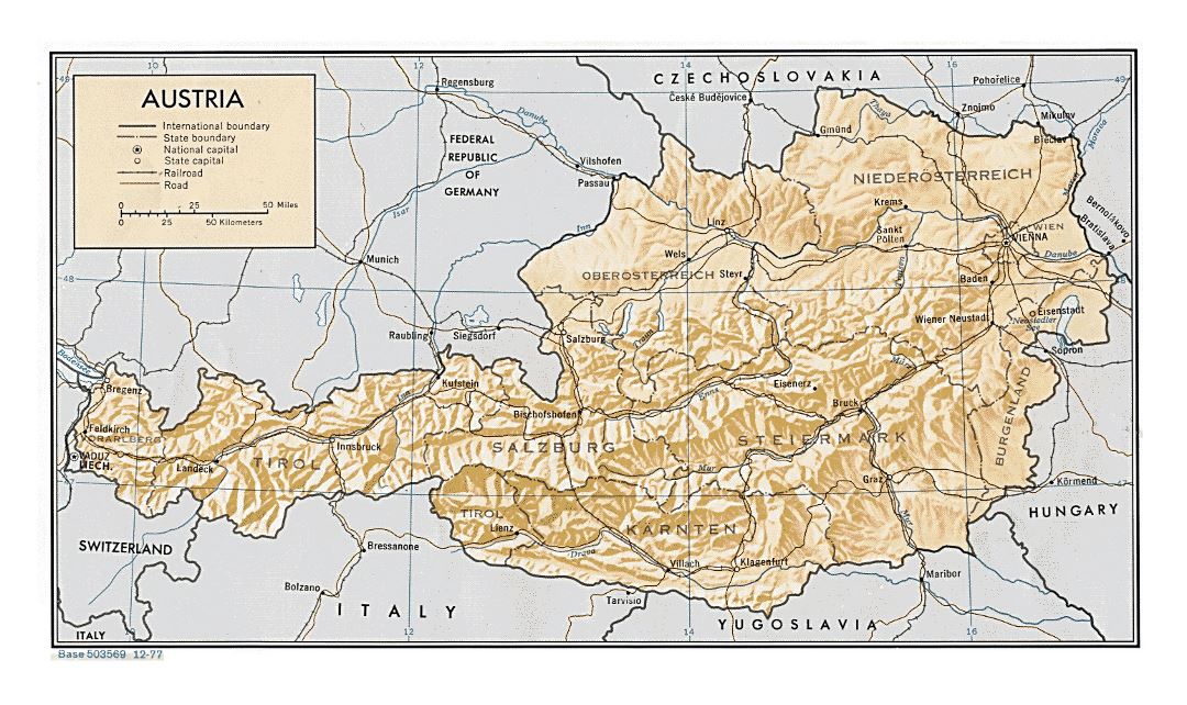 Large political and administrative map of Austria with relief - 1977